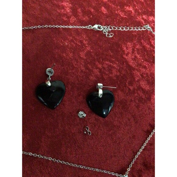 Black Heart Pendant Necklace & Earrings Set With Rhinestone Accents Silver Chain - Picture 6 of 6